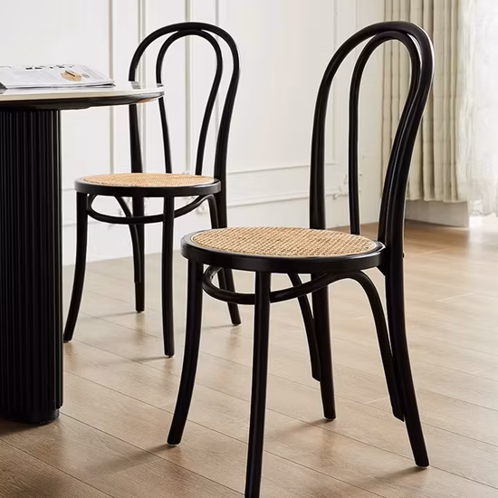 Simple Style Restaurant Furniture Wooden Frame Rattan Back PU Seating Dining Chair